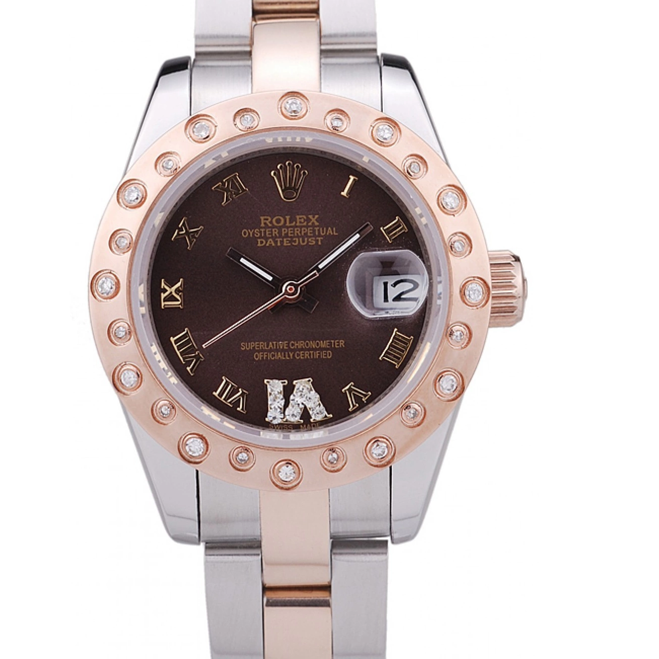 Aaa fake watches 7475 Bezel Dial Datejust Gold Brown Diamonds Rose Rolex Polished 0719